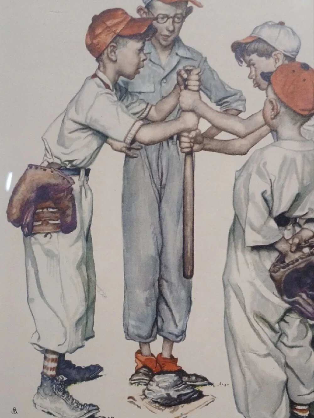 Norman Rockwell Boys in Baseball Uniforms with Orange Caps and Blue Shoes